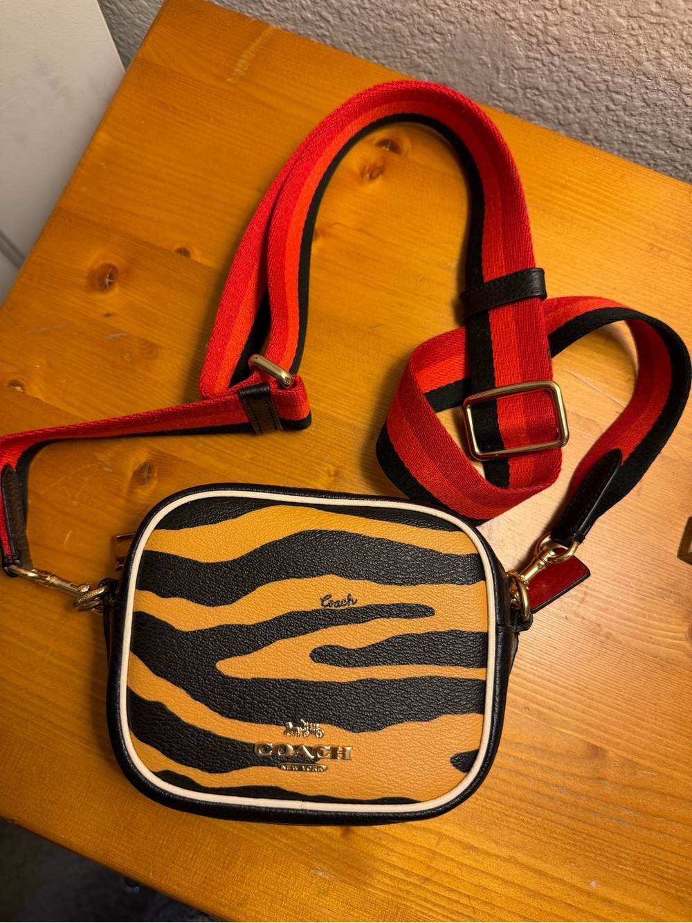 Coach Tiger-Striped Leather Crossbody in Tan, Black & Red Strap